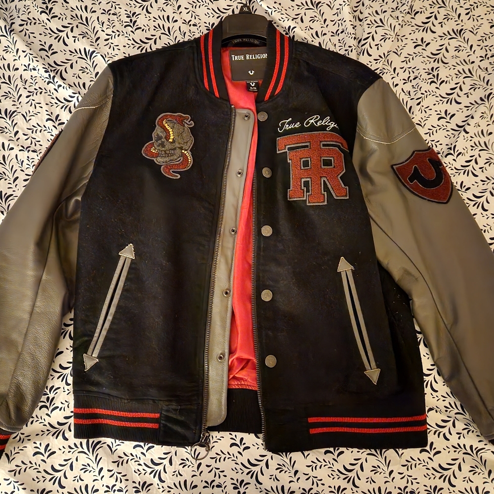 True Religion Collegiate Varsity Wool Leather Jacket